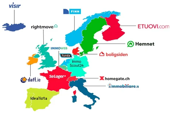 Europese landen met het logo van een toonaangevende vastgoedsite